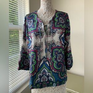 EUC Talbots Multicolor Paisley Silk Blouse Size 14 Blue Pink Green Black White